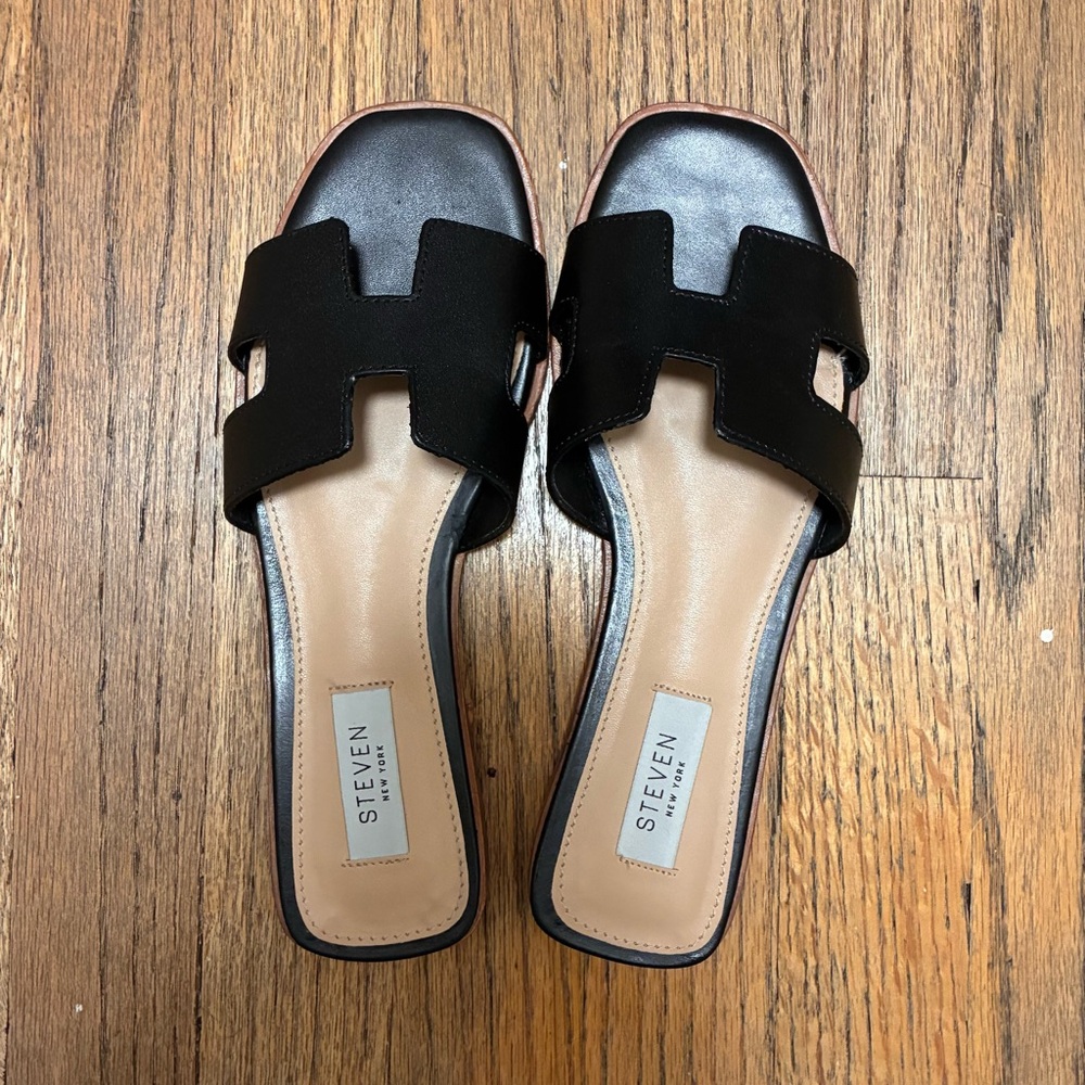 Steven Madden Hayden Black Leather Slide Sandals